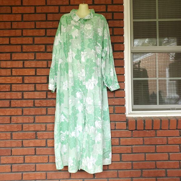 VTG Long Sleeve Cotton Shirt Dress Plus Sz 3X Green Floral Pearl Snap Pockets - Picture 1 of 12